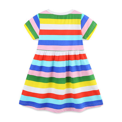 MyKids-USA® Colorful Rainbow Striped Pattern Short Sleeves Dress for Stylish Girls