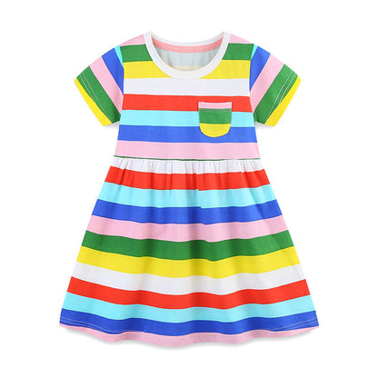 MyKids-USA® Colorful Rainbow Striped Pattern Short Sleeves Dress for Stylish Girls