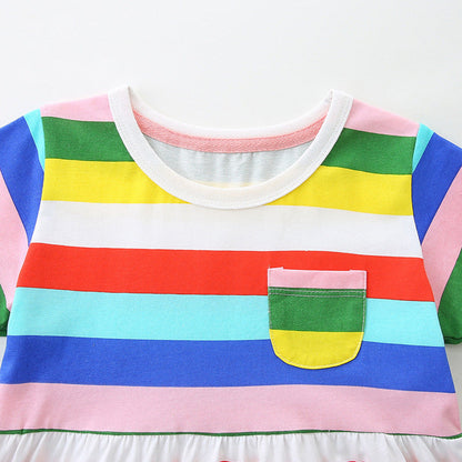 MyKids-USA® Colorful Rainbow Striped Pattern Short Sleeves Dress for Stylish Girls