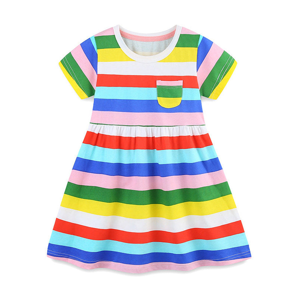 MyKids-USA® Colorful Rainbow Striped Pattern Short Sleeves Dress for Stylish Girls