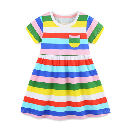 MyKids-USA® Summer Colorful Rainbow Striped Pattern Short Sleeves Dress for Stylish Girls