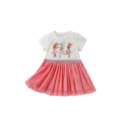 MyKids-USA® Animals Cartoon Pattern Short Sleeves Tulle Patchwork Dress for Stylish Girls