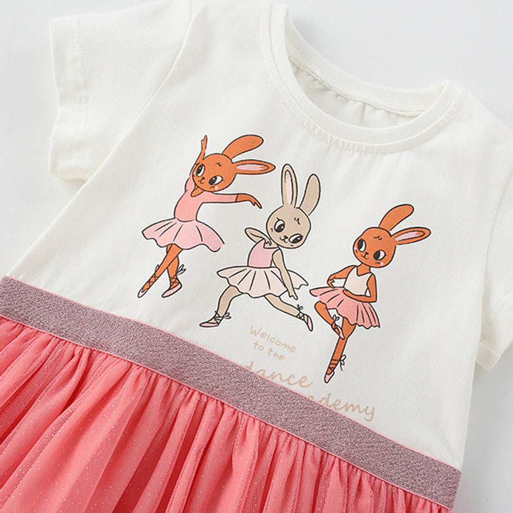 MyKids-USA® Animals Cartoon Pattern Short Sleeves Tulle Patchwork Dress for Stylish Girls
