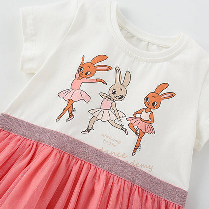 MyKids-USA® Animals Cartoon Pattern Short Sleeves Tulle Patchwork Dress for Stylish Girls