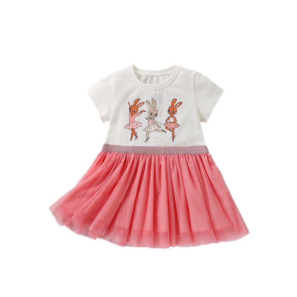 MyKids-USA® Animals Cartoon Pattern Short Sleeves Tulle Patchwork Dress for Stylish Girls