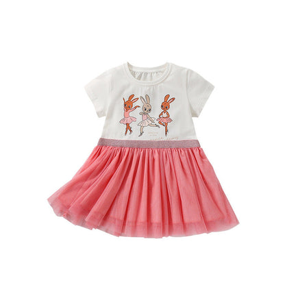 MyKids-USA® Animals Cartoon Pattern Short Sleeves Tulle Patchwork Dress for Stylish Girls