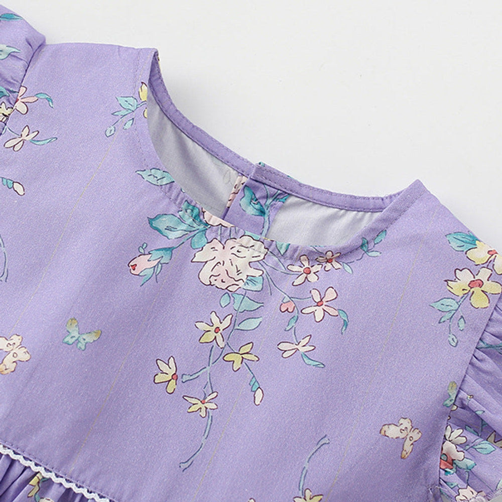 MyKids-USA® Cute Flowers Pattern Fly Sleeves Crew Neck Dress for Stylish Girls