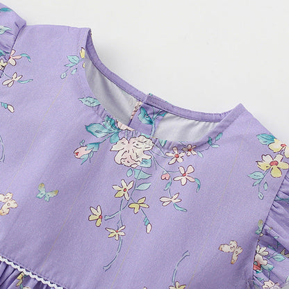 MyKids-USA® Cute Flowers Pattern Fly Sleeves Crew Neck Dress for Stylish Girls