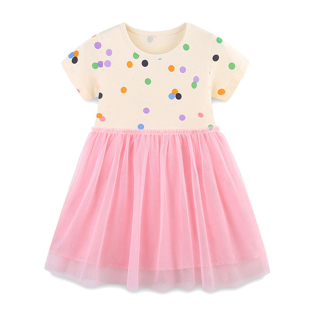 MyKids-USA® Baby Girls Cute Colorful Dots Pattern Short Sleeves Tulle Patchwork Dress