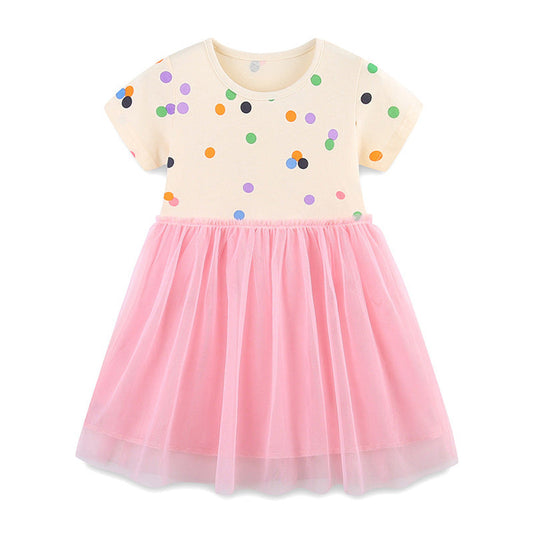 MyKids-USA® Summer Arrival Baby Girls Cute Colorful Dots Pattern Short Sleeves Tulle Patchwork Dress