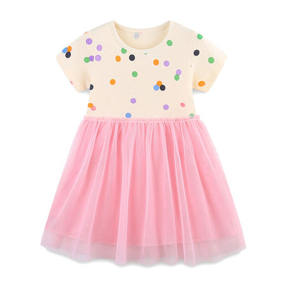 MyKids-USA® Baby Girls Cute Colorful Dots Pattern Short Sleeves Tulle Patchwork Dress