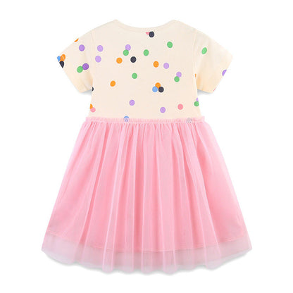 MyKids-USA® Baby Girls Cute Colorful Dots Pattern Short Sleeves Tulle Patchwork Dress