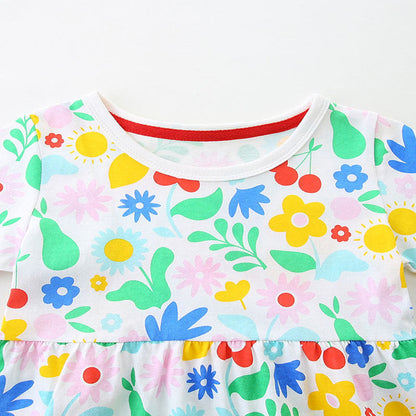 MyKids-USA® Pure Cotton Colorful Flowers Pattern Short Sleeves Dress for Stylish Girls