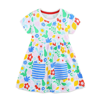 MyKids-USA® Pure Cotton Colorful Flowers Pattern Short Sleeves Dress for Stylish Girls