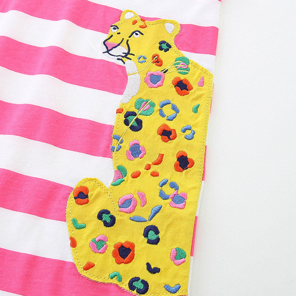 MyKids-USA® Baby Girls Floral Leopards Pattern Short Sleeves Striped Dress