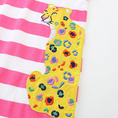 MyKids-USA® Baby Girls Floral Leopards Pattern Short Sleeves Striped Dress