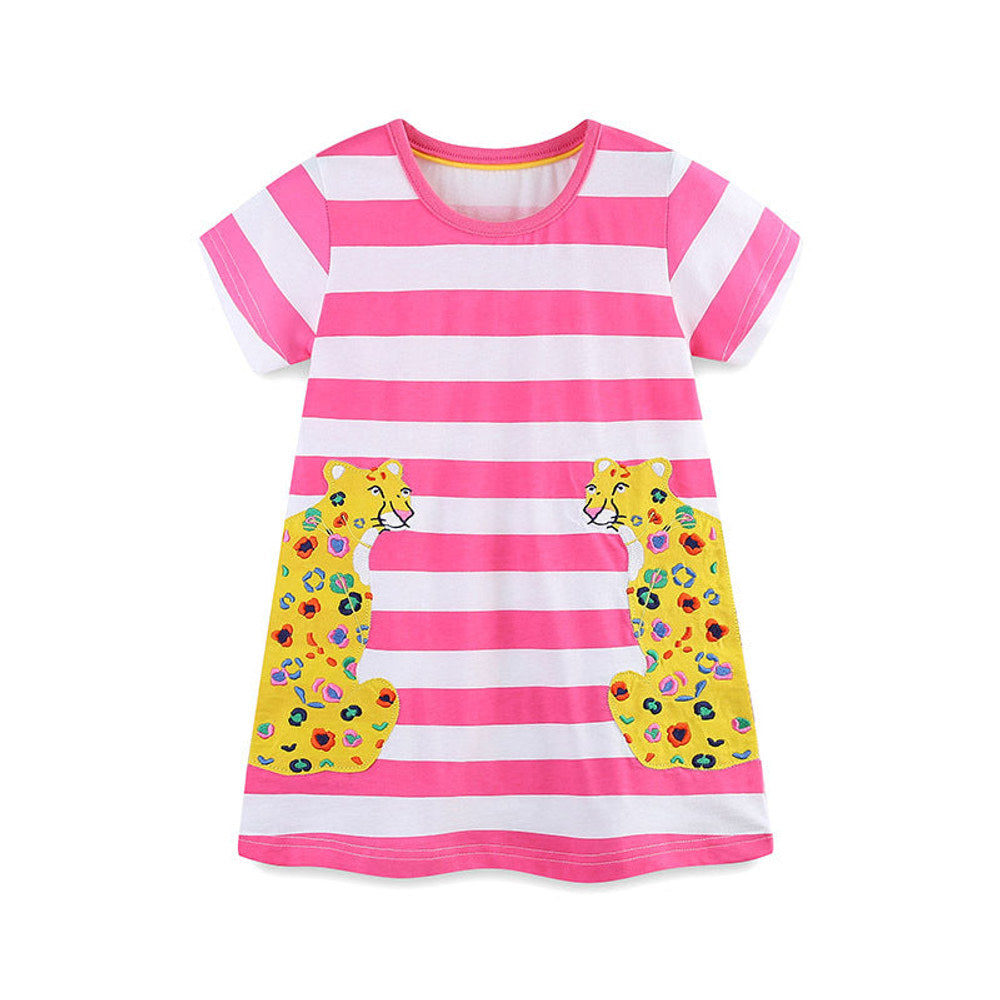 MyKids-USA® Baby Girls Floral Leopards Pattern Short Sleeves Striped Dress