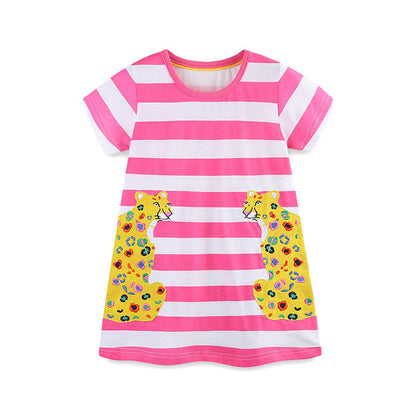 MyKids-USA® Baby Girls Floral Leopards Pattern Short Sleeves Striped Dress
