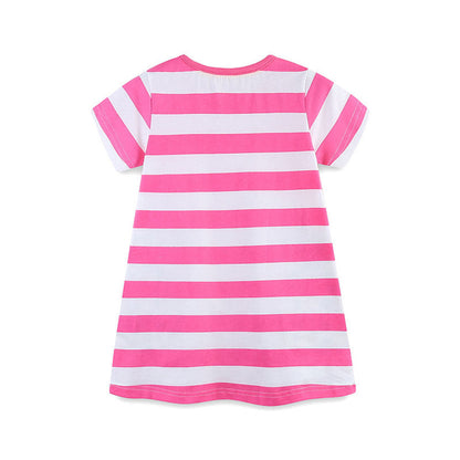MyKids-USA® Baby Girls Floral Leopards Pattern Short Sleeves Striped Dress
