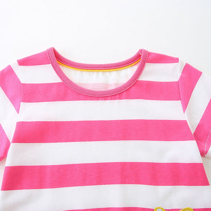 MyKids-USA® Baby Girls Floral Leopards Pattern Short Sleeves Striped Dress