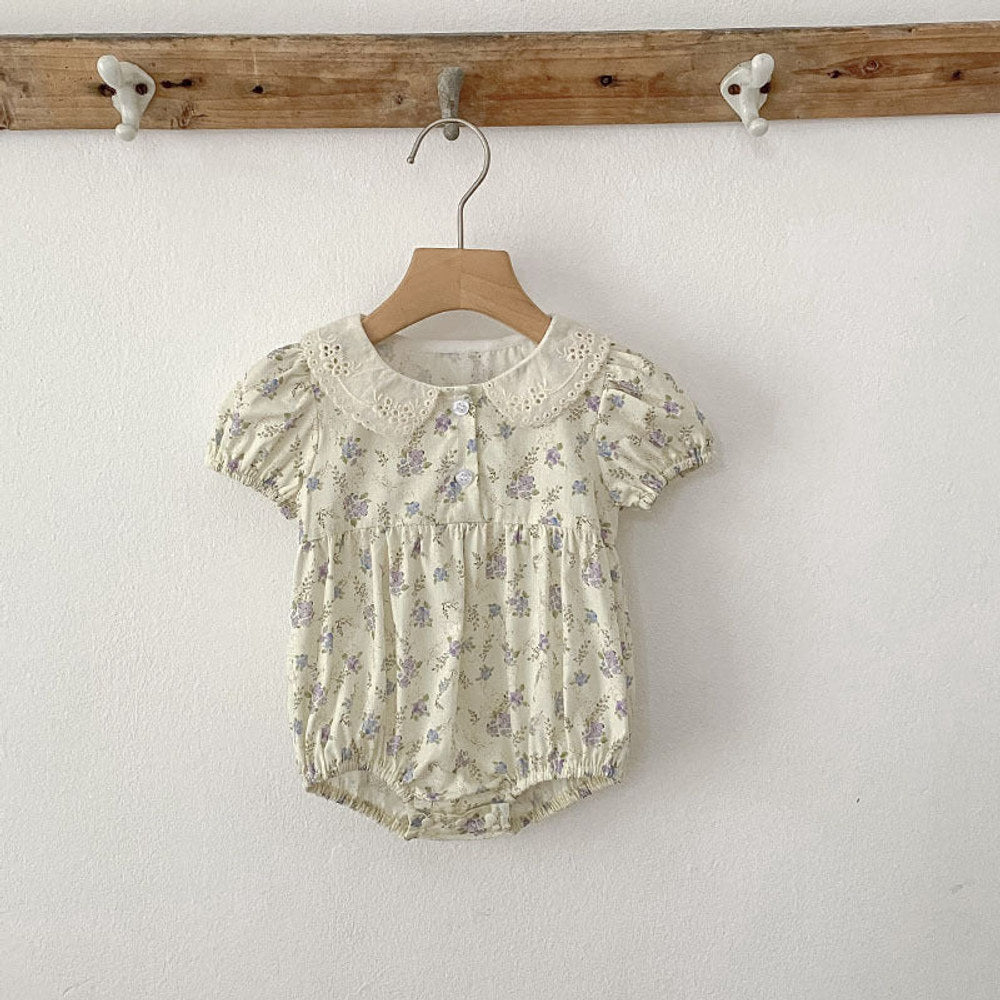 MyKids-USA® Baby Girls Vintage Short Sleeves Floral Pattern bodysuit with Hollow-out Collar
