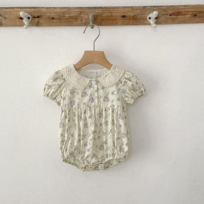MyKids-USA® Baby Girls Vintage Short Sleeves Floral Pattern bodysuit with Hollow-out Collar
