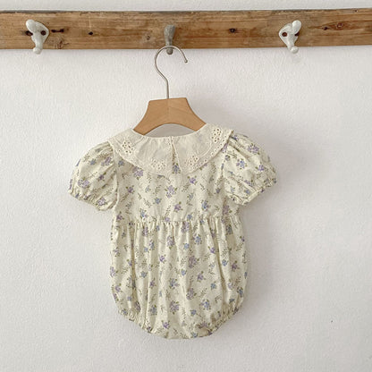 MyKids-USA® Baby Girls Vintage Short Sleeves Floral Pattern bodysuit with Hollow-out Collar