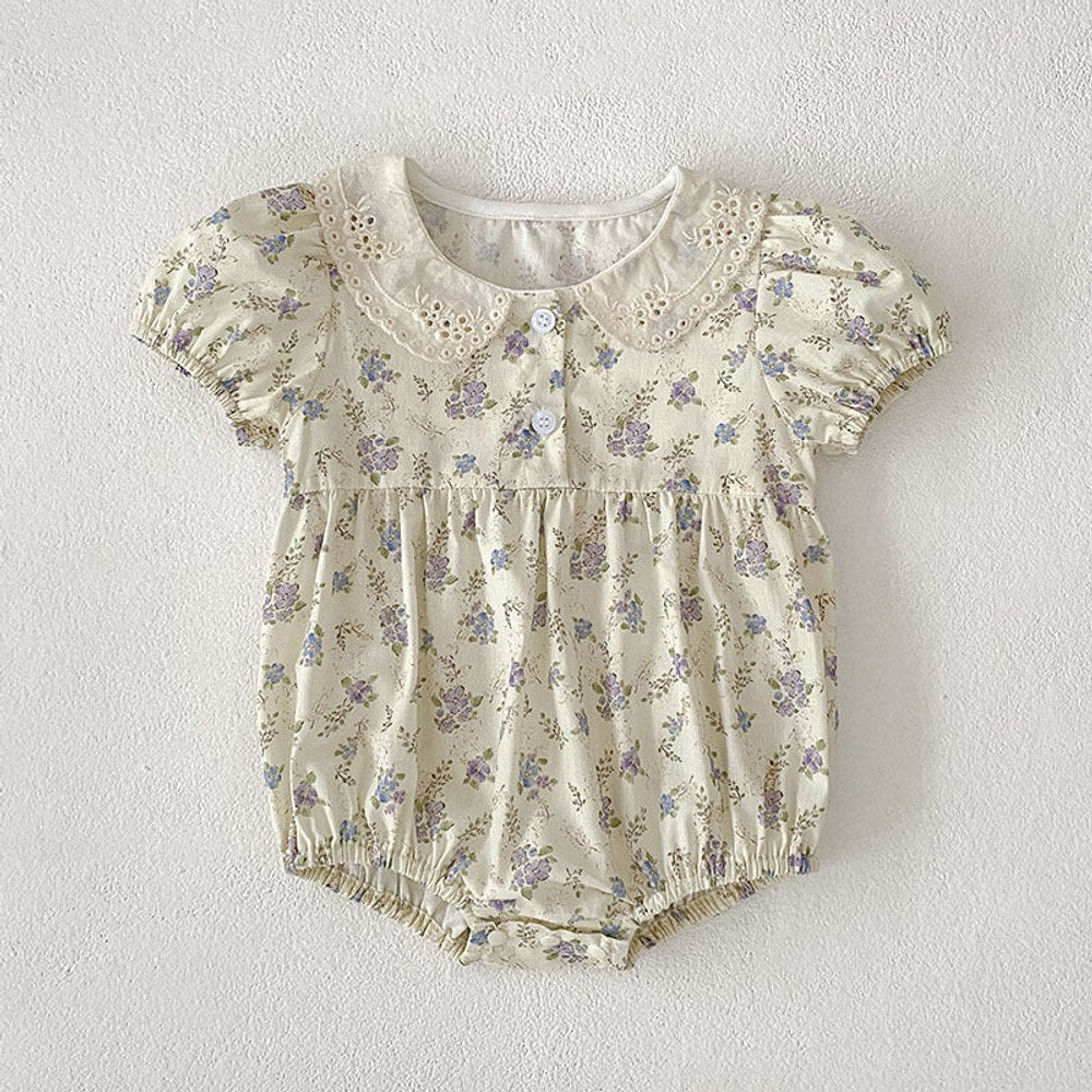 MyKids-USA® Baby Girls Vintage Short Sleeves Floral Pattern bodysuit with Hollow-out Collar