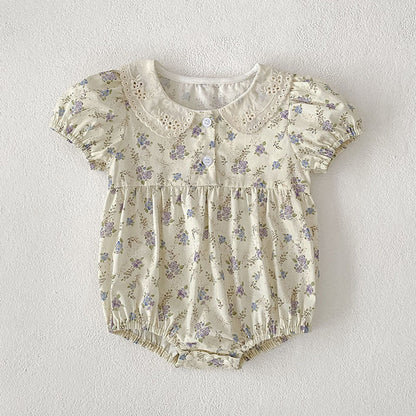 MyKids-USA® Baby Girls Vintage Short Sleeves Floral Pattern bodysuit with Hollow-out Collar