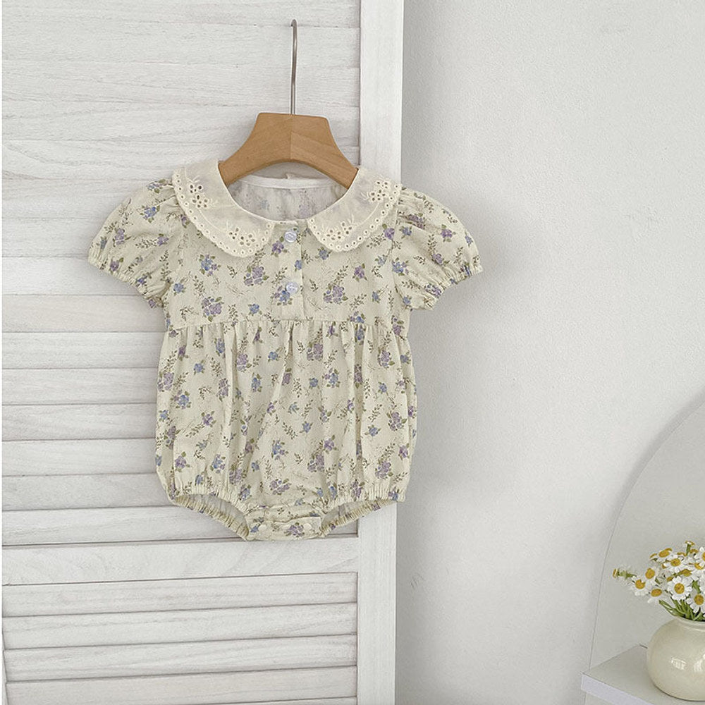 MyKids-USA® Baby Girls Vintage Short Sleeves Floral Pattern bodysuit with Hollow-out Collar