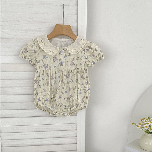 MyKids-USA® Baby Girls Vintage Short Sleeves Floral Pattern bodysuit with Hollow-out Collar