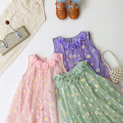 MyKids-USA® Flowers Pattern Sleeveless Tulle Dress for Stylish Girls