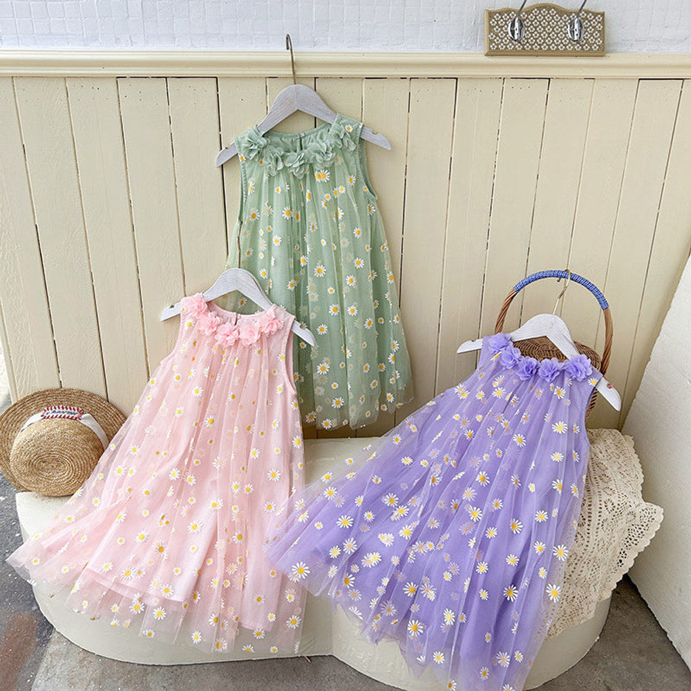 MyKids-USA® Flowers Pattern Sleeveless Tulle Dress for Stylish Girls