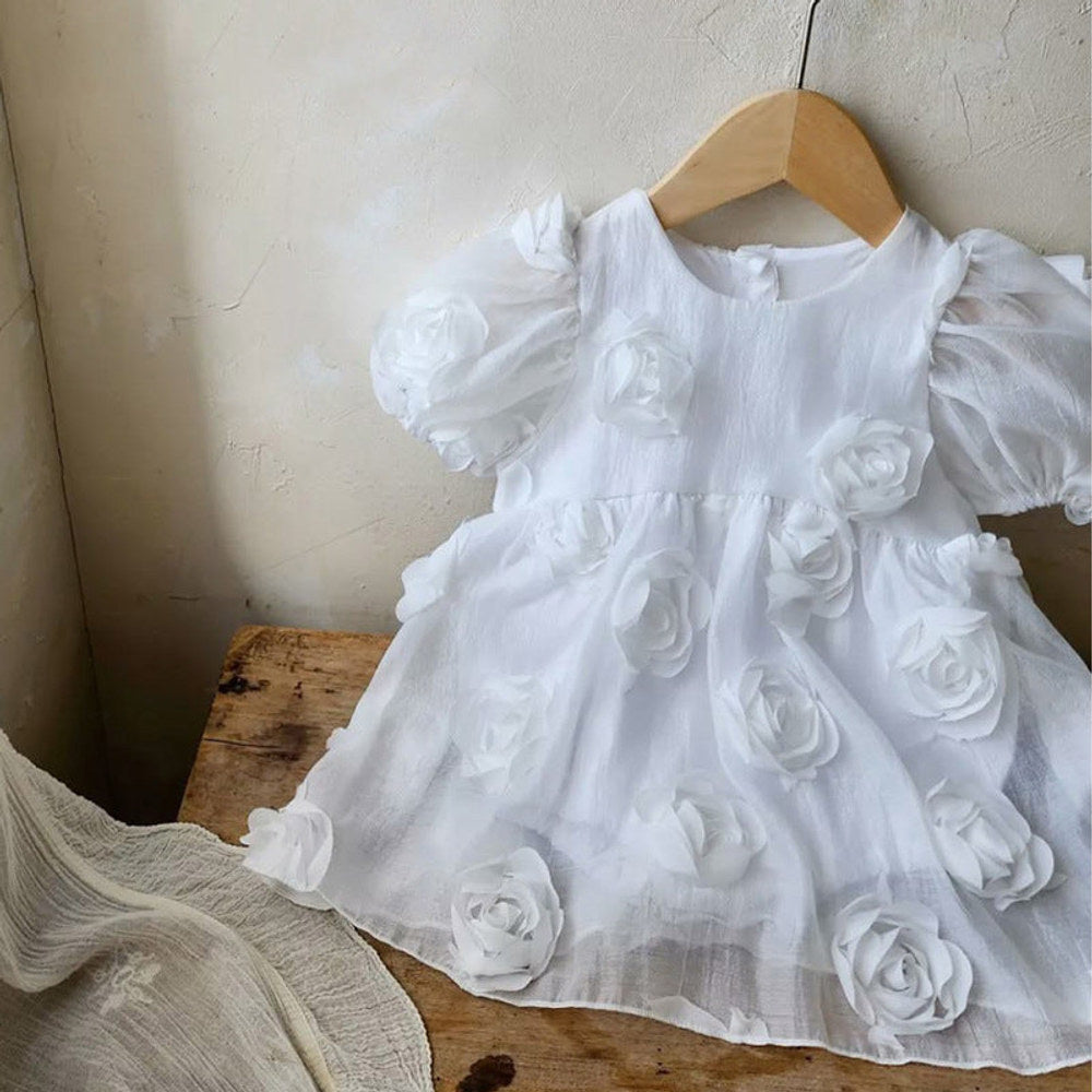 MyKids-USA® Baby Kids Girls Short Sleeves Flowers Pattern Solid Color Princess Dress