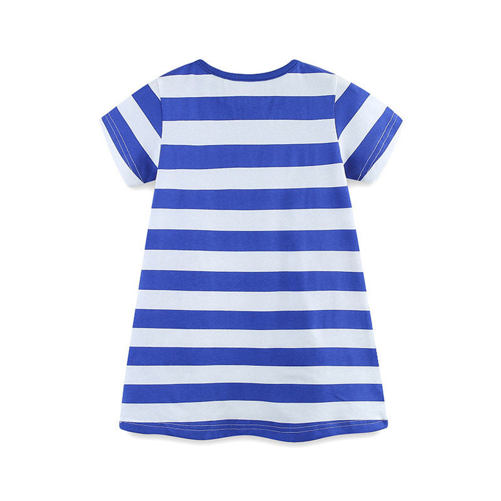 Summer Arrival Baby Girls Cartoon Seahorses Pattern Short Sleeves Striped Dress