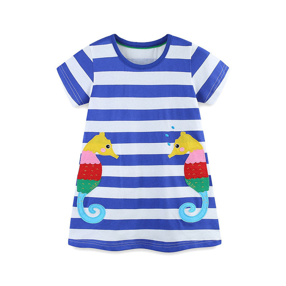 Summer Arrival Baby Girls Cartoon Seahorses Pattern Short Sleeves Striped Dress