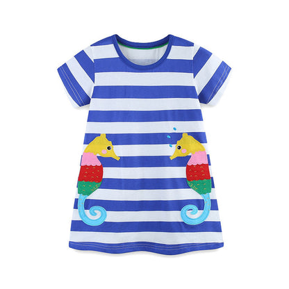 Summer Arrival Baby Girls Cartoon Seahorses Pattern Short Sleeves Striped Dress