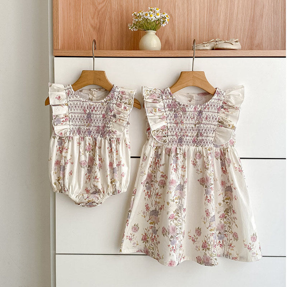 MyKids-USA® Girls Floral Pattern Fly Sleeves bodysuit or Girls’ Dress – Princess Sister Matching