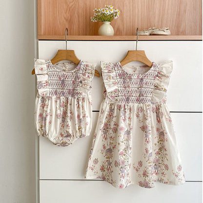 MyKids-USA® Girls Floral Pattern Fly Sleeves bodysuit or Girls’ Dress – Princess Sister Matching