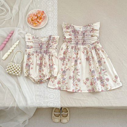 MyKids-USA® Girls Floral Pattern Fly Sleeves bodysuit or Girls’ Dress – Princess Sister Matching