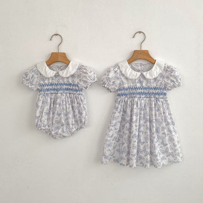 Summer Girls Arrival Butterfly Pattern Short Sleeves bodysuit and Girls’ Dress – Princess Sister Matching Set