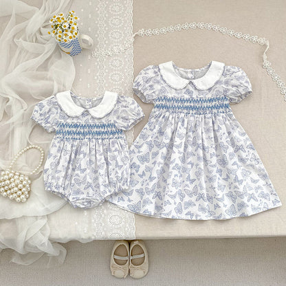 Summer Girls Arrival Butterfly Pattern Short Sleeves bodysuit and Girls’ Dress – Princess Sister Matching Set