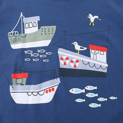 MyKids-USA® Boys’ Ships Cartoon Pattern T-shirt in European and American Style