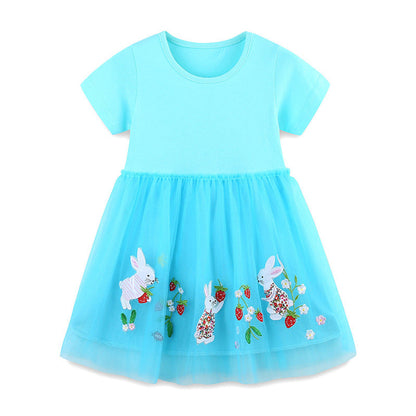 MyKids-USA® Baby Girls Cute Rabbits and Strawberry Pattern Short Sleeves Tulle Patchwork Dress