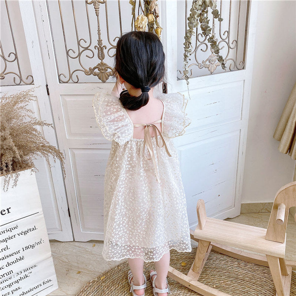 MyKids-USA® Baby Kids Girls Fly Sleeves Lace Embroidery Design Princess Floral Tulle Dress