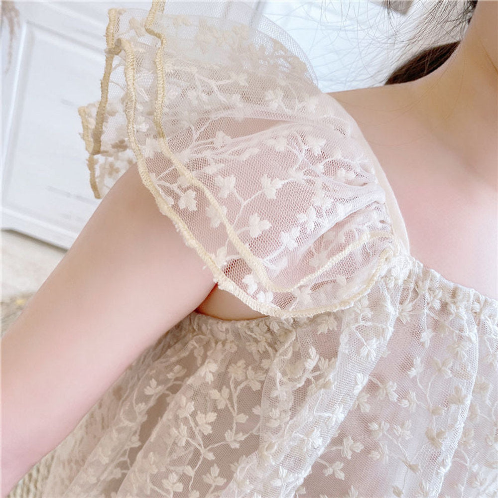 MyKids-USA® Baby Kids Girls Fly Sleeves Lace Embroidery Design Princess Floral Tulle Dress