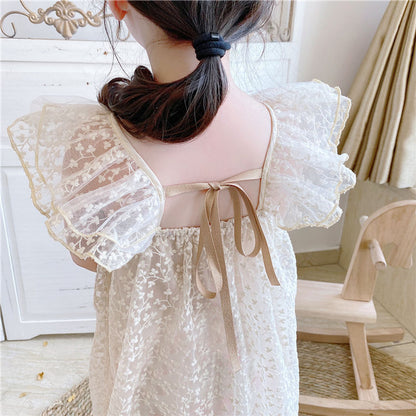MyKids-USA® Baby Kids Girls Fly Sleeves Lace Embroidery Design Princess Floral Tulle Dress