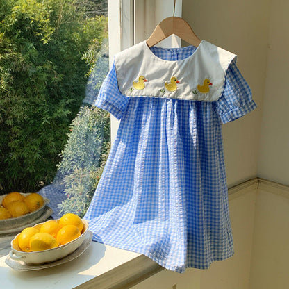 MyKids-USA® Baby Kids Girls Short Sleeves Crew Neck Duck Pattern Plaid Dress