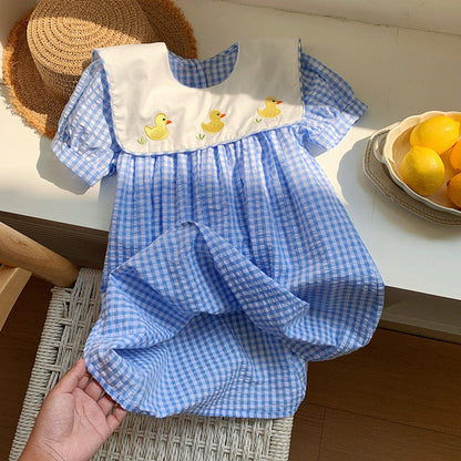MyKids-USA® Baby Kids Girls Short Sleeves Crew Neck Duck Pattern Plaid Dress