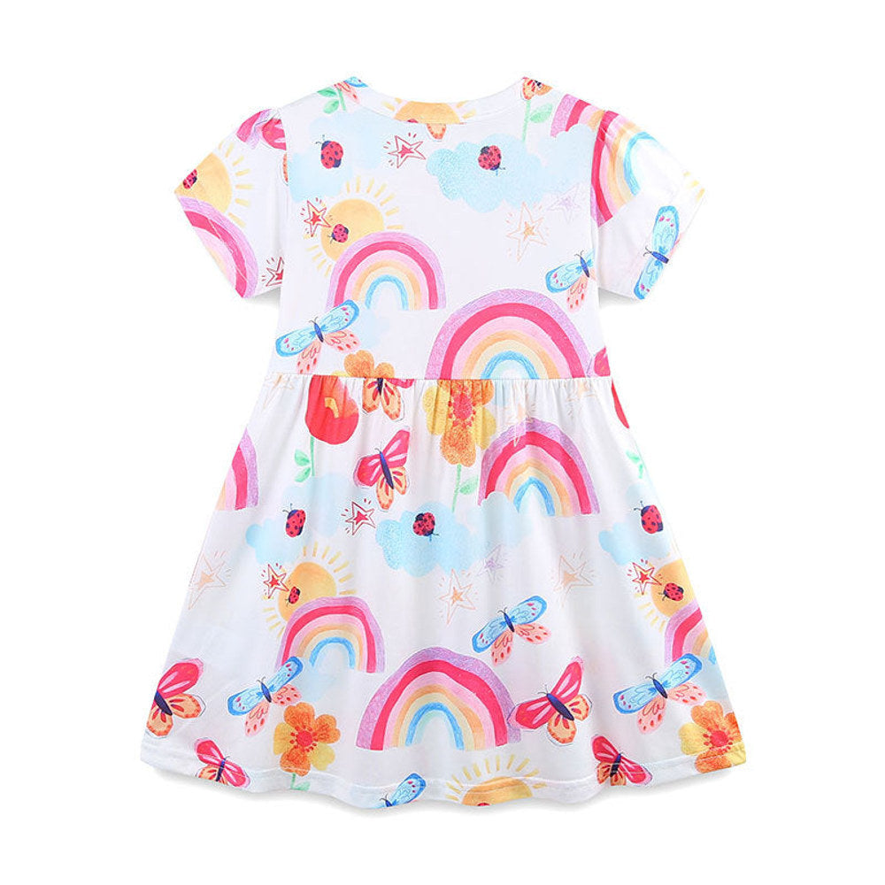 MyKids-USA® Polyester Butterfly and Rainbow Pattern Short Sleeves Dress for Stylish Girls